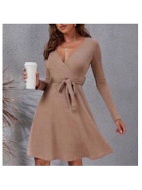 Beige Long-Sleeve Wrap Dress with Waist Tie